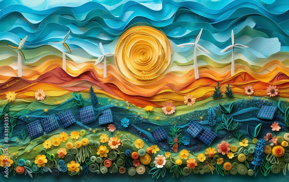 Renewable energy landscape with solar panels Renewable energy landscape with solar panels
