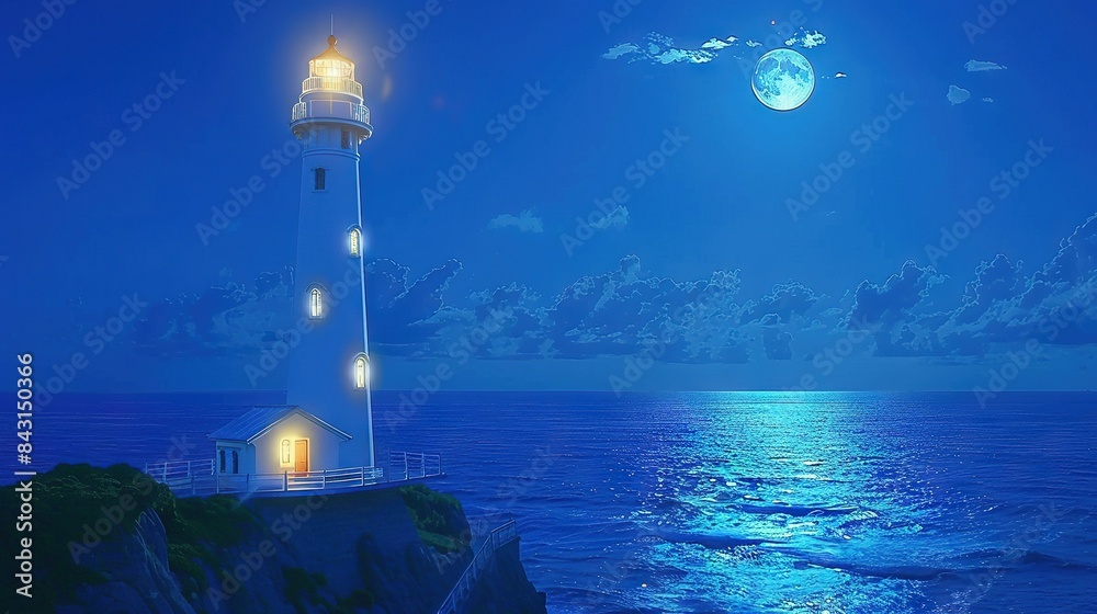 A lighthouse perched atop a cliff overlooks a tranquil body of water under the glow of a full moon A lighthouse perched atop a cliff overlooks a tranquil body of water under the glow of a full moon