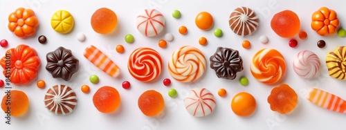 A clean and cheerful display of Halloween candy featuring an assortment of colorful treats, isolated on a white background. The minimalistic style highlights simplicity and festivity.  © Liana