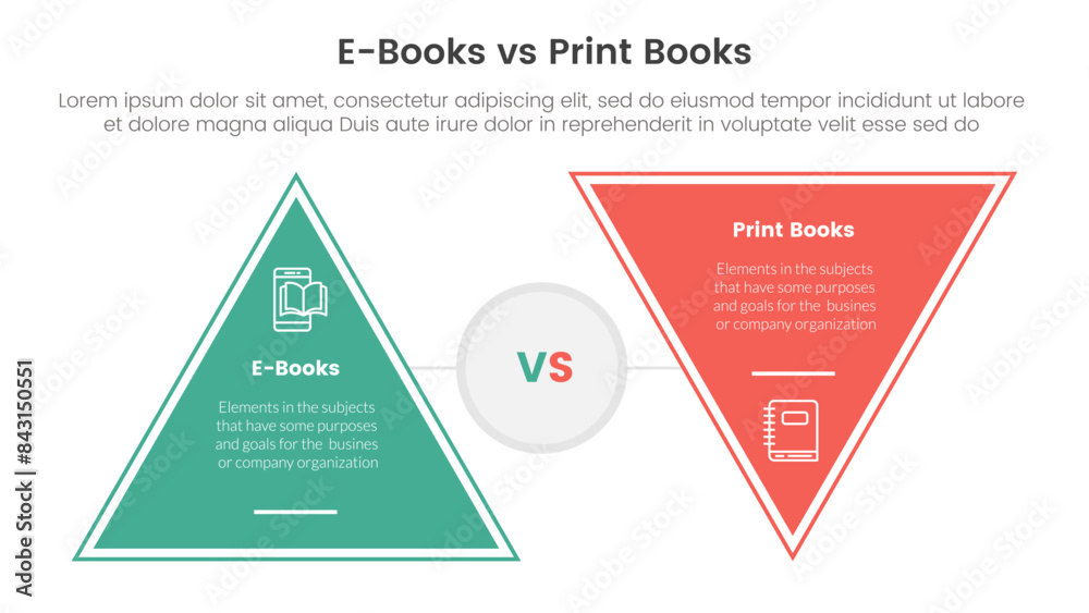 ebook vs physical book comparison concept for infographic template banner with triangle shape reverse with two point list information ebook vs physical book comparison concept for infographic template banner with triangle shape reverse with two point list information