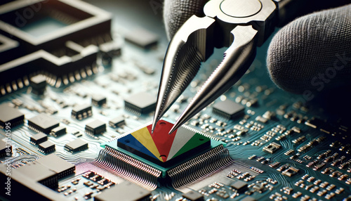 Precision engineering: Tweezers positioning a microchip adorned with the Seychelles flag on a circuit board, symbolizing Seychelles tech innovation photo