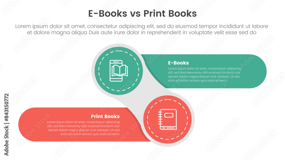 ebook vs physical book comparison concept for infographic template banner with creative circle and round rectangle shape left and right with two point list information ebook vs physical book comparison concept for infographic template banner with creative circle and round rectangle shape left and right with two point list information