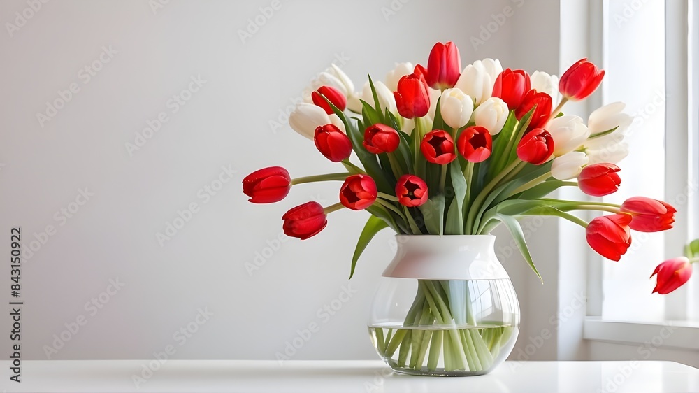 Simple flower display, fresh tulip bouquet, calm white and red setting, elegant floral arrangement, modern interior design, vibrant spring decor, minimalist red tulips in white vase, modern home Simple flower display, fresh tulip bouquet, calm white and red setting, elegant floral arrangement, modern interior design, vibrant spring decor, minimalist red tulips in white vase, modern home