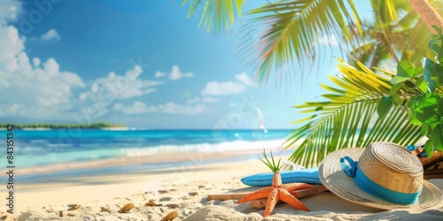 Beach scene with straw hat  starfish  and sunglasses