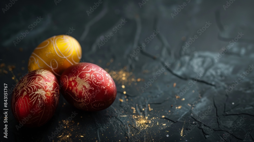 Fototapeta premium Easter eggs on dark background, moody Easter card.