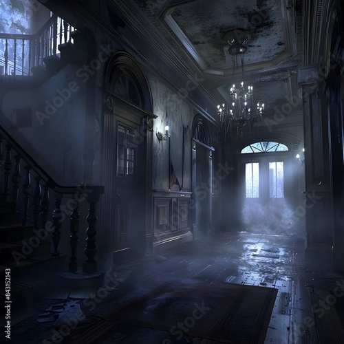 Haunted Abandoned Mansion Hallway: Shadows and Mystery