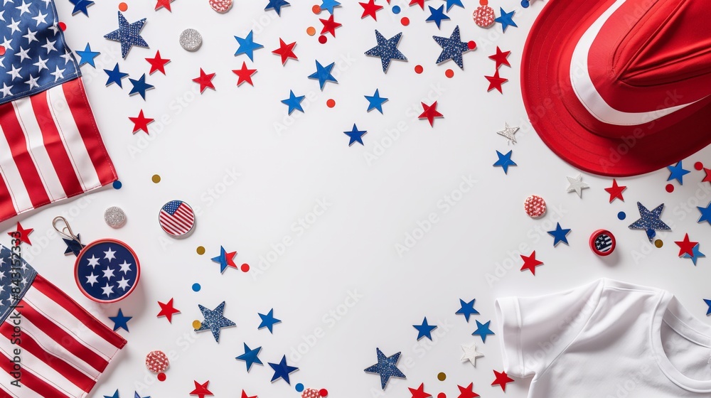 Fototapeta premium A simple and clean setup of patriotic items for an American celebration, featuring flags, hats, and decorations, isolated on a white background. The minimalistic style is bright and cheerful. 