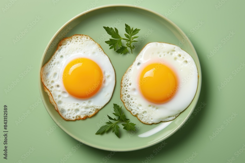 Scrambled eggs of two eggs with a raw yolk on a light green plate, decorated with herbs - a delicious and nutritious breakfast. Scrambled eggs of two eggs with a raw yolk on a light green plate, decorated with herbs - a delicious and nutritious breakfast.