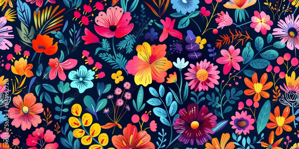Vibrant floral pattern on dark background