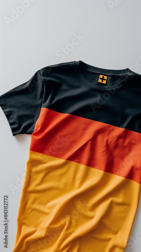 A clean and cheerful image of a t-shirt with the German flag design, isolated on a white background. The minimalistic style highlights national pride and vibrant colors. 