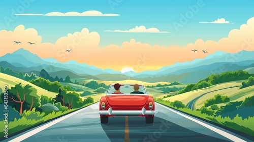 Two people in a red convertible driving on a scenic road with mountains and sunset in the background