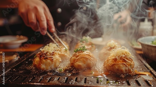 Close-up of hands using chopsticks to cook dumplings on a grill with steam rising