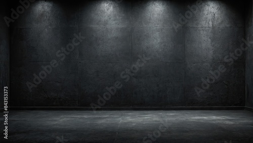 3D rendering empty old aged room or black concrete floor and wall. Dark and gray abstract cement wall and studio room.