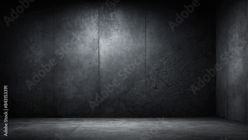 3D rendering empty old aged room or black concrete floor and wall. Dark and gray abstract cement wall and studio room.