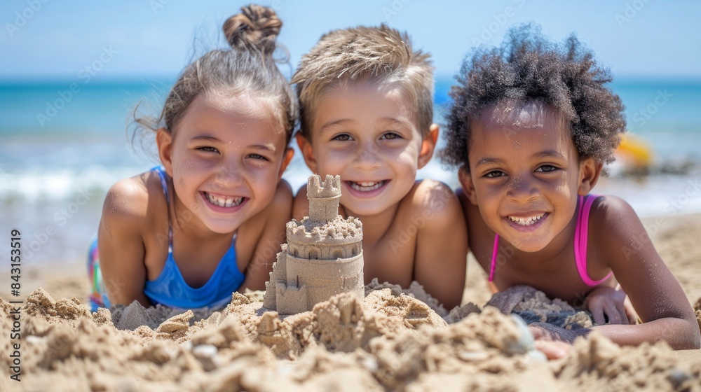 Three children smiling behind a sandcastle on a sandy beach with the ocean in the background Three children smiling behind a sandcastle on a sandy beach with the ocean in the background