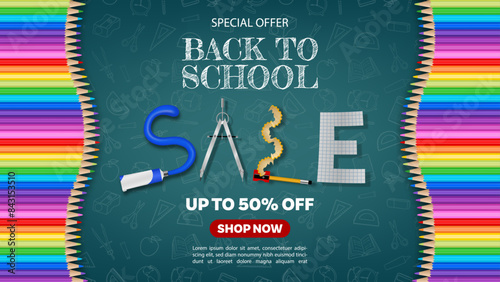 back to school sale banner with colorful pencils and school supplies photo