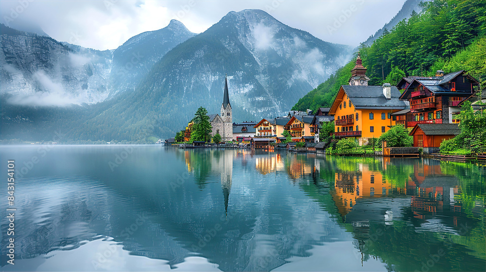 Fototapeta premium Beautiful picturesque village inspired by Austrian Alps, lake and mountains at the background. Calm water with sky reflections