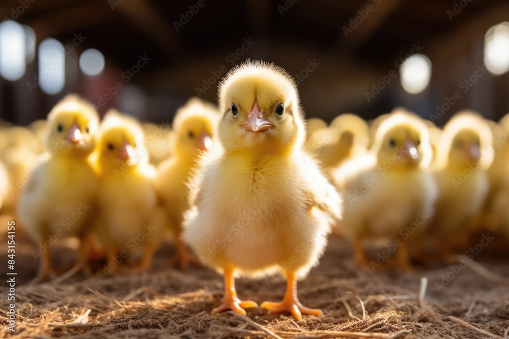 A group of chicks huddled together in a barn. The chicks are fluffy and yellow. A group of chicks huddled together in a barn. The chicks are fluffy and yellow.