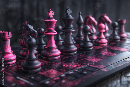 Close-up shot of a chessboard with pink and black pieces, set for a game, with a dark and moody background