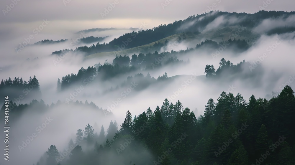 Fototapeta premium Misty hills covered with dense evergreen forests create a serene and ethereal landscape. The fog rolls over the treetops, adding a sense of mystery and tranquility to the natural scenery captured