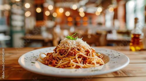 A close-up photo captures Spaghetti Bolognese served on a plate  set on a wooden table in an Italian restaurant. The dish looks appetizing and freshly prepared