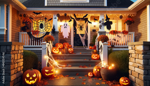 Front Porch of a Suburban House Decorated for Halloween