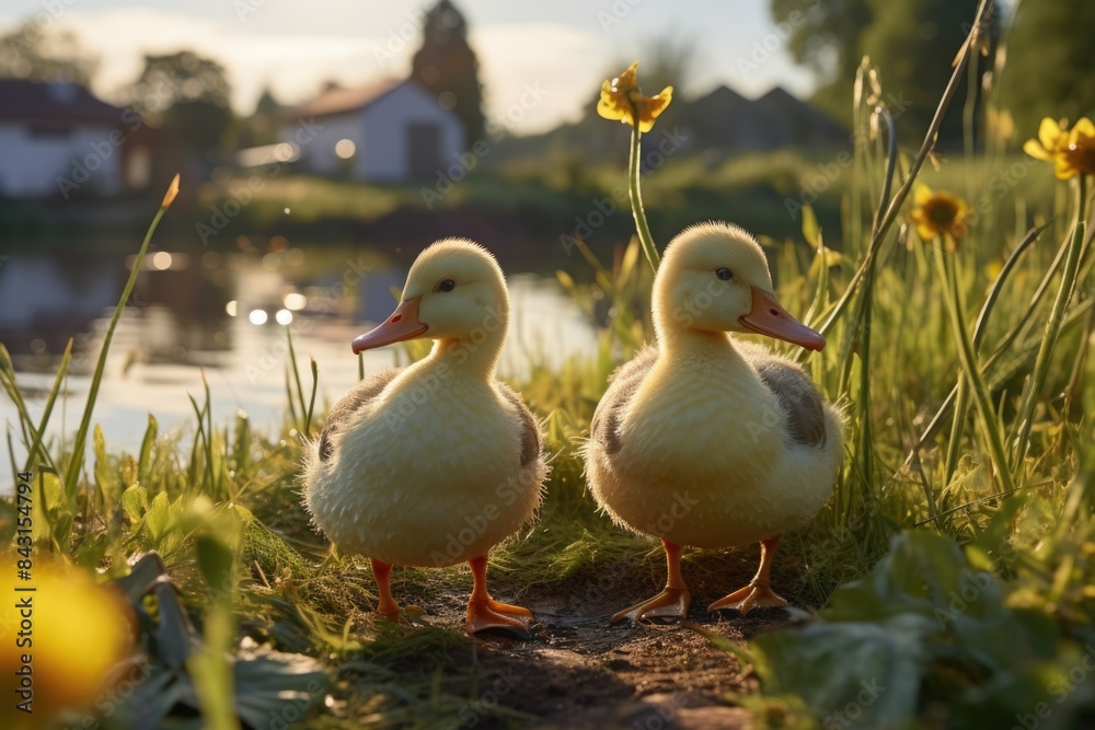 Small ducklings wander through the field, surrounded by colorful blooms. Small ducklings wander through the field, surrounded by colorful blooms.