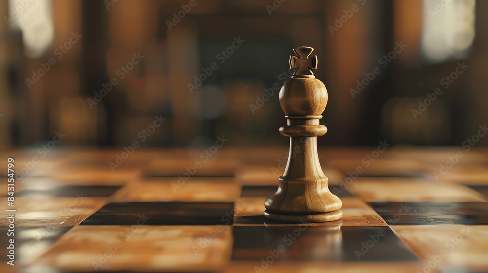 A wooden chess pawn standing alone on a chessboard. A wooden chess pawn standing alone on a chessboard.