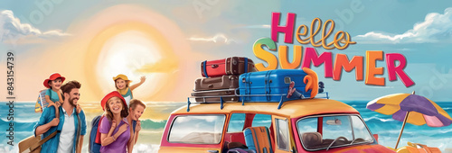 A happy family carrying their belongings in the car and getting ready to go out and spend the summer vacation at the seaside, with a phrase saying hello summer.