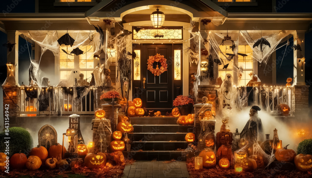 Fototapeta premium Front Porch of a Suburban House Decorated for Halloween