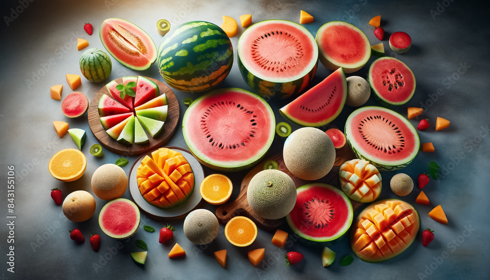 Vibrant Melon Slices on Various Plates Vibrant Melon Slices on Various Plates