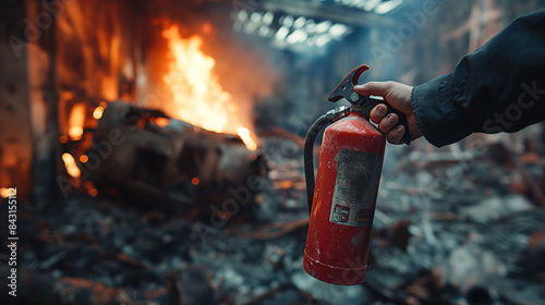 Mão de bombeiro segurando um extintor de incêndio Disponível em caso de danos de incêndio de fundo de emergência. conceito de segurança photo