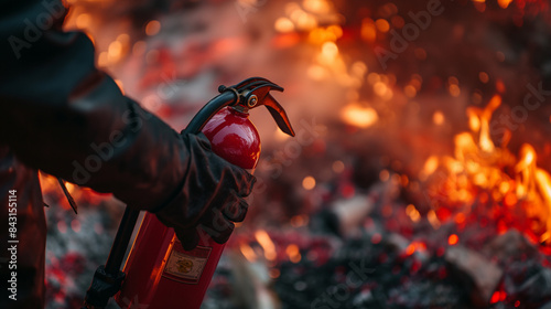 Mão de bombeiro segurando um extintor de incêndio Disponível em caso de danos de incêndio de fundo de emergência. conceito de segurança photo