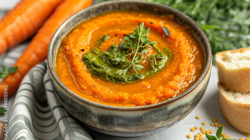 Uma tigela de sopa de cenoura e lentilha vermelha com um rodopio de pesto de cenoura, guarnecida com ervas photo