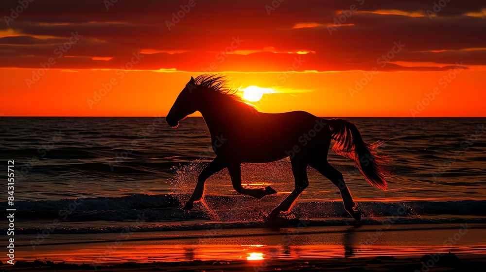 The image is a silhouette of a horse running on a beach at sunset. The ...