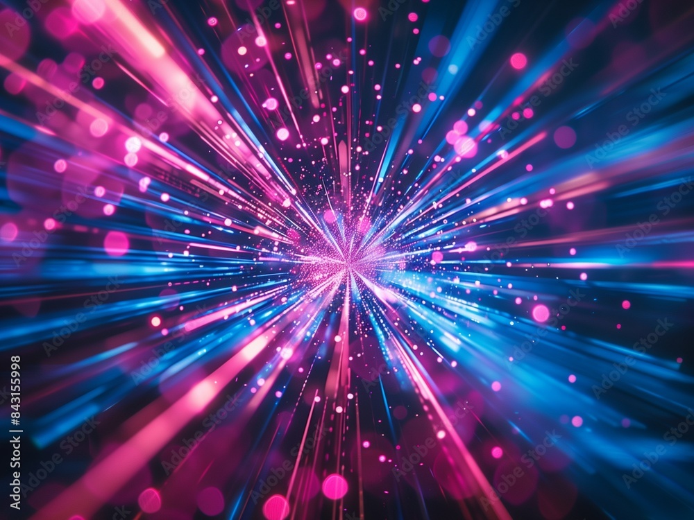 A dynamic explosion of blue and pink light streaks radiating from a central point against a dark background A dynamic explosion of blue and pink light streaks radiating from a central point against a dark background