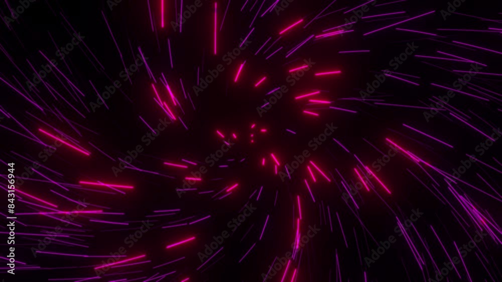 Abstract seamless looped animation of neon, glowing light tubes, lasers and lines bouncing around and moving forward within a dark tunnel with fog and particles.