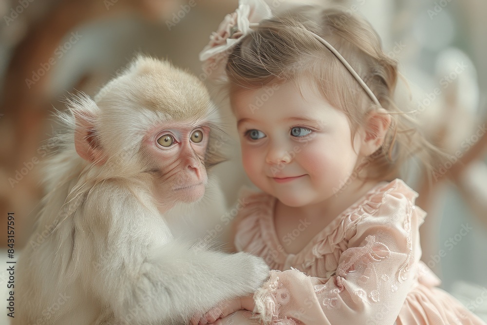 A heartwarming image featuring a young toddler girl and a monkey looking at each other with affection A heartwarming image featuring a young toddler girl and a monkey looking at each other with affection