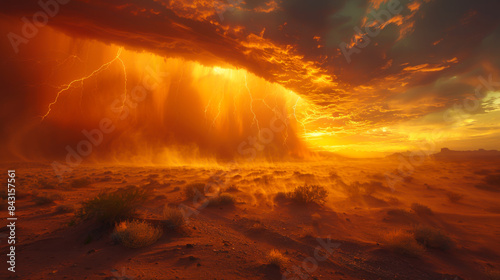 Disaster. A thunderstorm with lightning hangs over the desert. Desert Storm. Natural disaster concept.