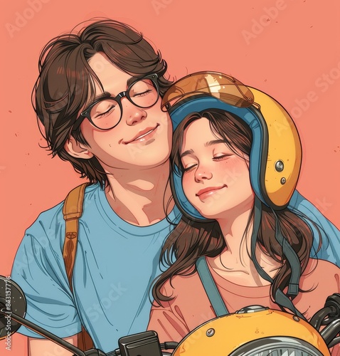 Sweet depiction of a couple with the man wearing a yellow helmet and glasses, in a loving pose photo