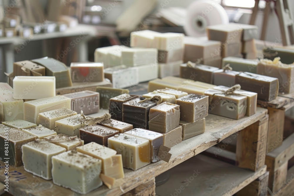 Display of beautifully arranged artisanal soap boxes in a cozy workshop environment Display of beautifully arranged artisanal soap boxes in a cozy workshop environment