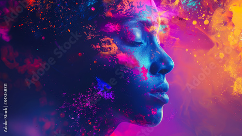A woman's face is painted with bright colors and is surrounded by a colorful explosion. The image is a representation of the idea that beauty can be found in chaos and disorder.