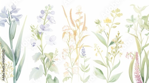 Watercolor botanical illustration featuring a variety of flowers and leaves in diverse colors and shapes.