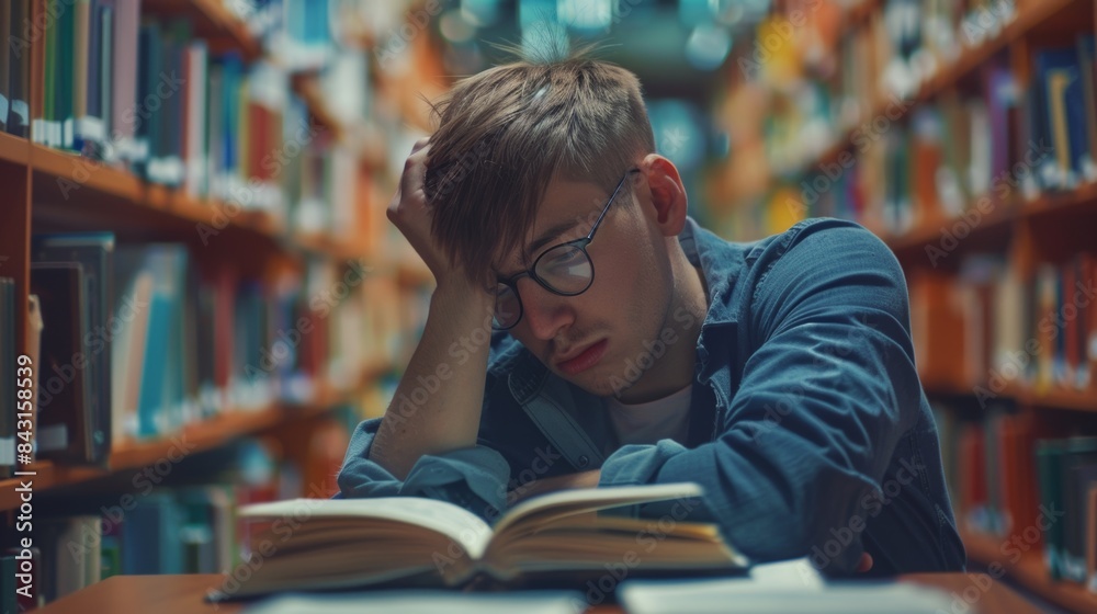 Tired student resting his head on a book in a library Tired student resting his head on a book in a library