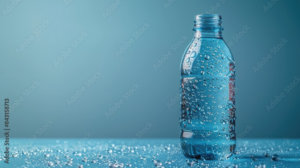 Glass Bottle with Droplets Over Blue Background - A Symbol of Purity and Refreshment Glass Bottle with Droplets Over Blue Background - A Symbol of Purity and Refreshment