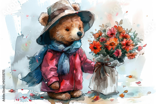 Watercolor illustration of a teddy bear in a cute coat, holding a bouquet in a splashy scene photo