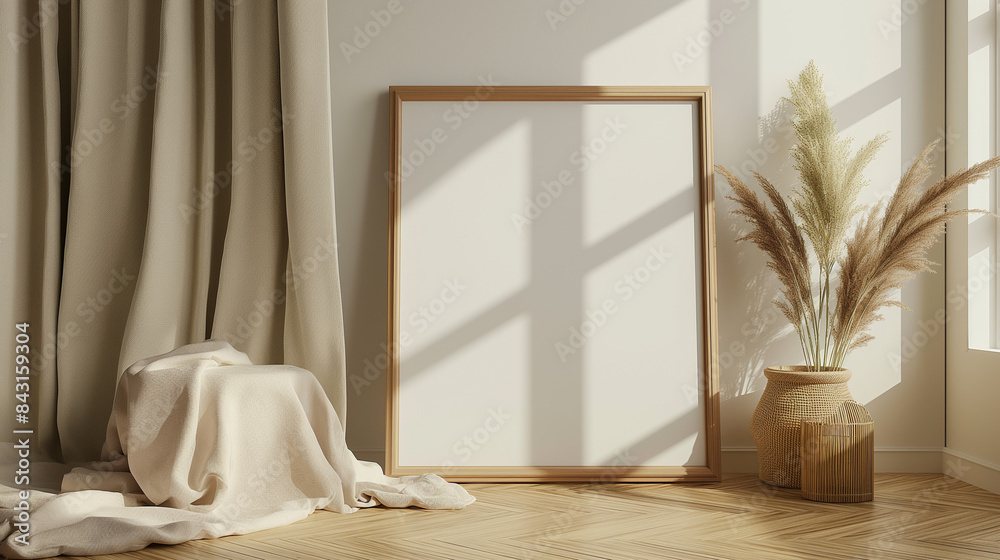 Maquete de moldura de madeira vazia no piso em parquet no interior ...