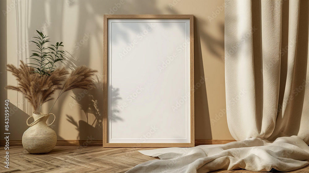 Maquete de moldura de madeira vazia no piso em parquet no interior ...