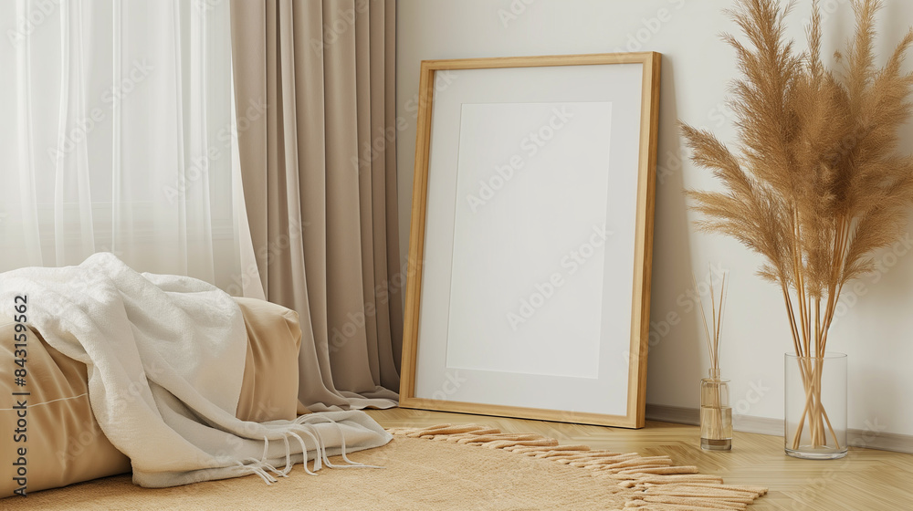 Maquete de moldura de madeira vazia no piso em parquet no interior ...