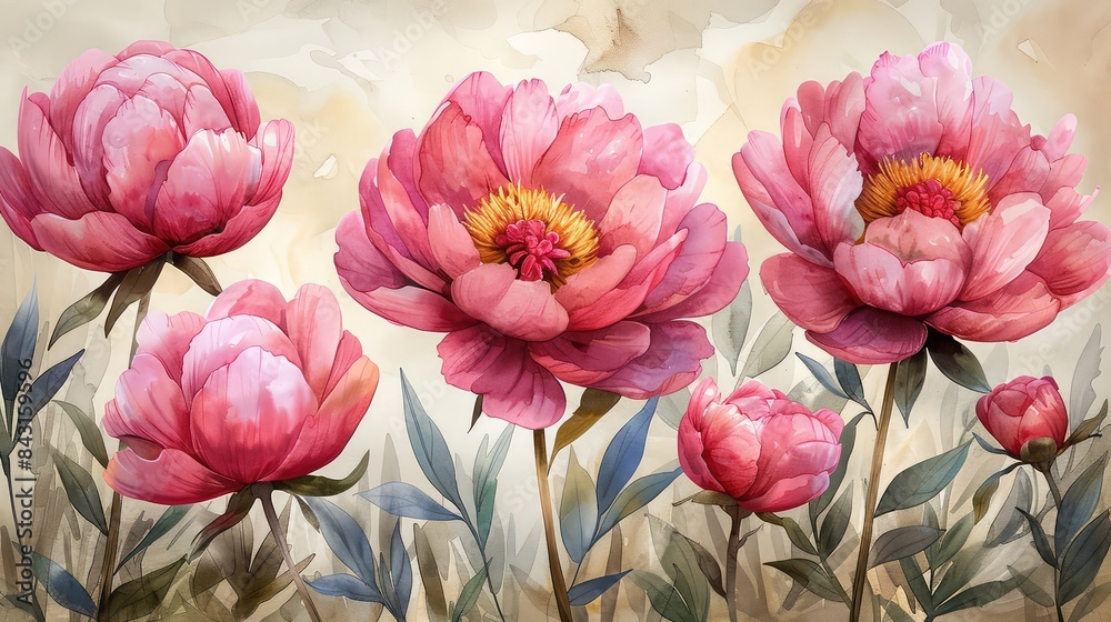 Delicate Watercolor Illustration of Peony Pink Flowers, Seamless Pattern for Elegant Designs Delicate Watercolor Illustration of Peony Pink Flowers, Seamless Pattern for Elegant Designs